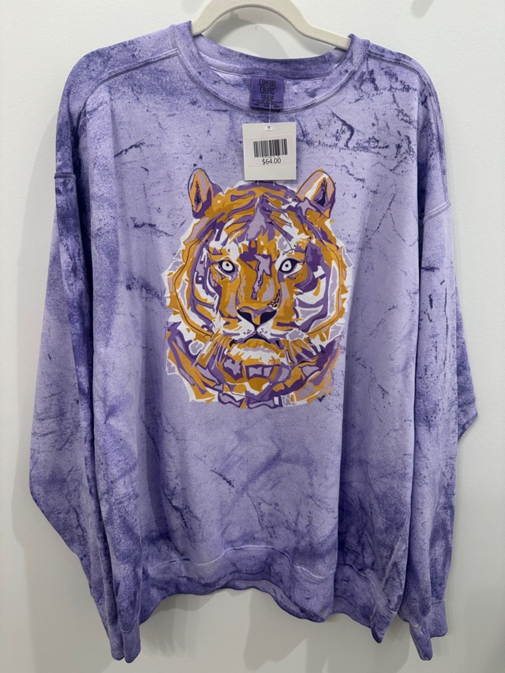 Purple Tie-Dye Sweatshirt with Bold Tiger Graphic LSU NWT 2X Comfort Colors
